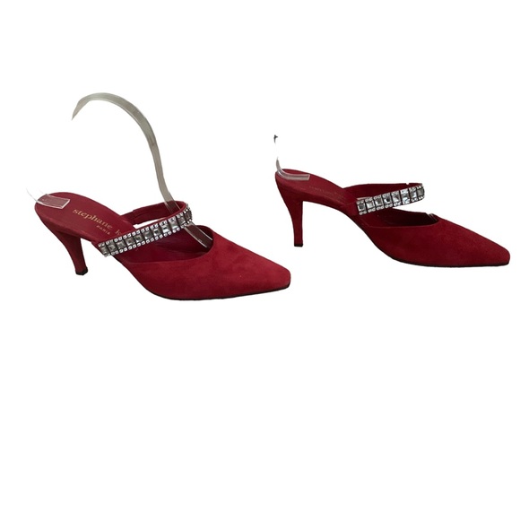 Vintage 90s Stephane Kelian Red Suede Mules Rhinestone Straps sz 8 - Picture 5 of 10